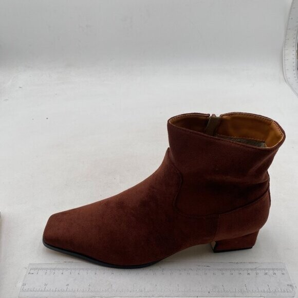 FOWT Women Closed Square Toe Booties Low Chunky Block Heels Side Zipper Brown - Picture 2 of 8